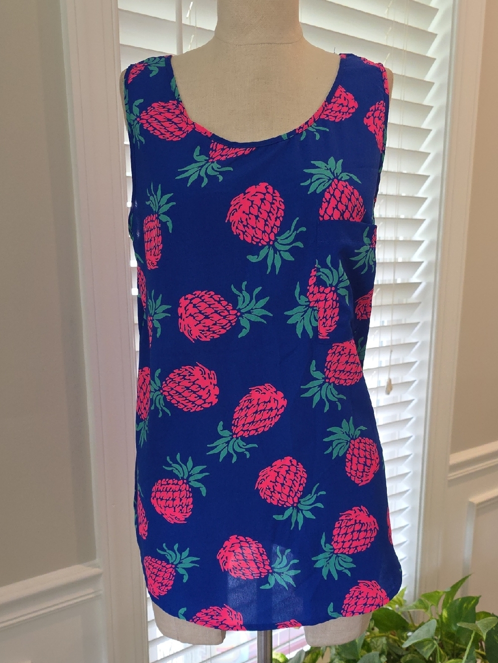 Pink Owl Navy Floral Tank with Bright Pink & Green Print